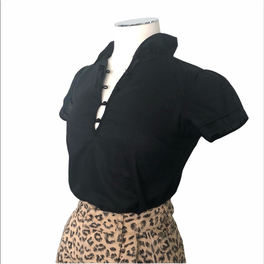 GAP Cotton Ruffle Collar 1/4 Button Front Blouse Short Sleeve Black Sz XS